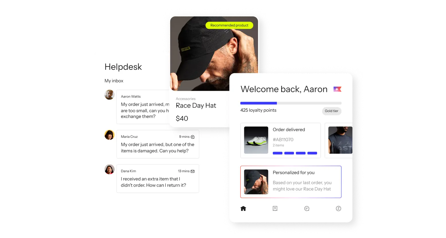 Klaviyo service UI showing helpdesk inbox and customer hub