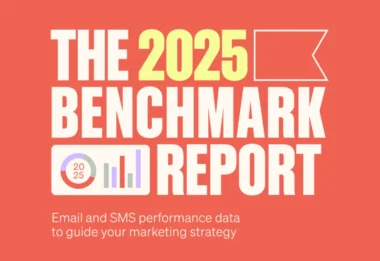The 2025 Benchmark Report cover with text about email and SMS performance data for marketing strategy.