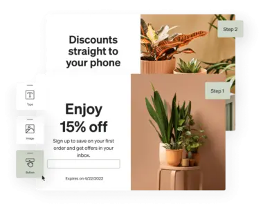 Sign-up form to receive offer emails that includes 15% off first order