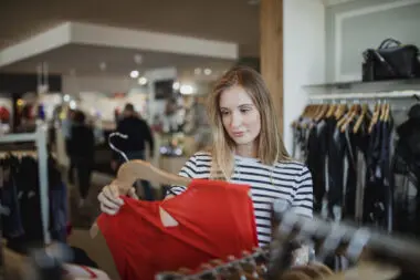 An attractive female standing in a clothes store with rails of clothing hanging around her. The woman is holding a clothes hanger with an orange garment on.