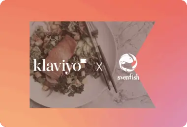 Klaviyo and Svenfish logos over a plate of salmon salad with utensils on a gradient background.