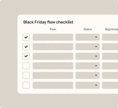 Black Friday flow checklist with columns for flow, status, and segmentation. Some items are checked.