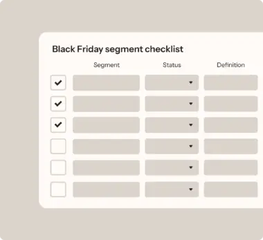 Black Friday segment checklist with columns for segment, status, and definition. Three checkboxes are ticked.