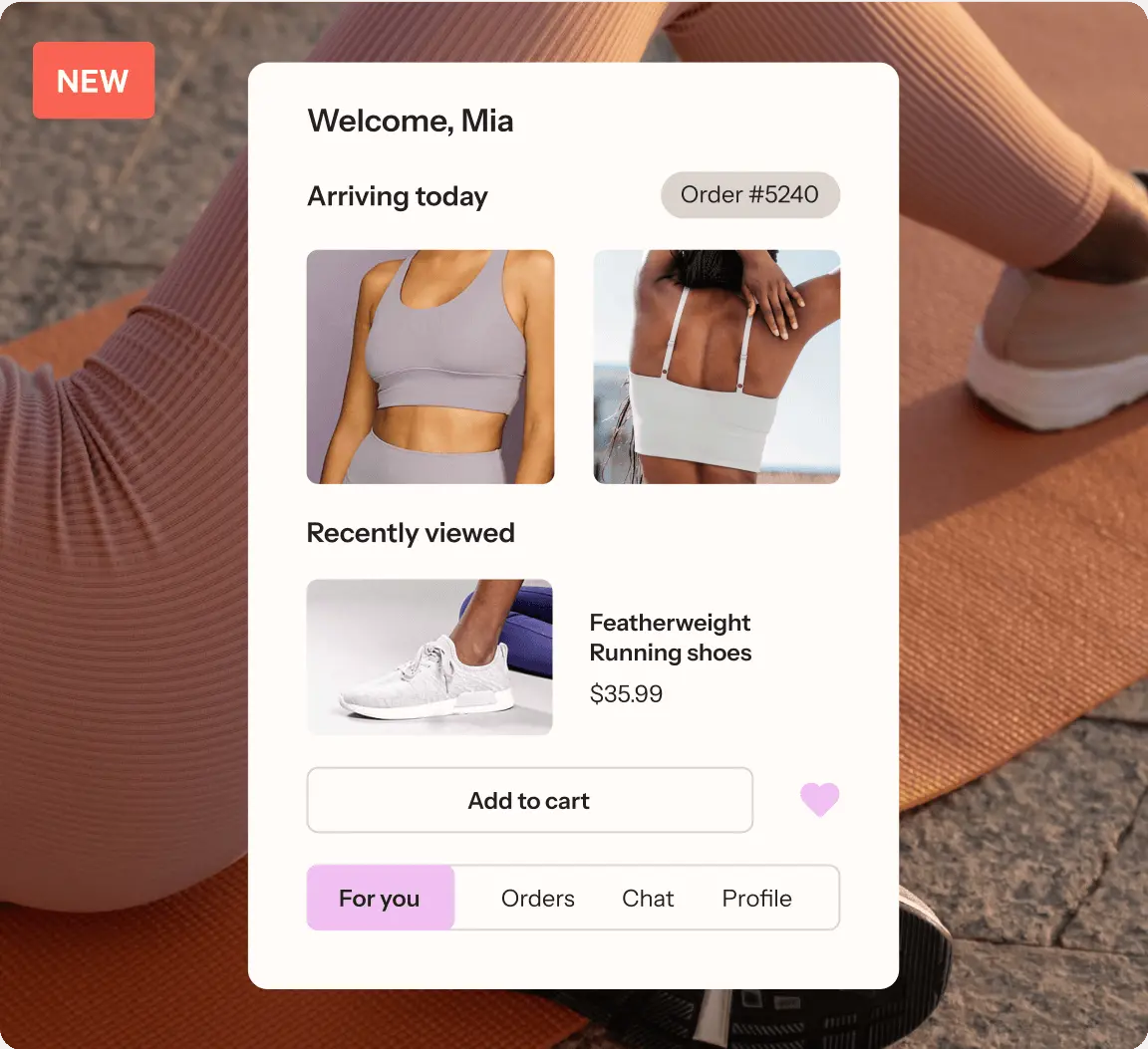 Shopping app interface showing a welcome message to Mia, with items arriving today and recently viewed, including running shoes.