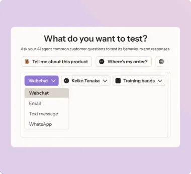 Interface for testing AI responses, with options for webchat, email, text message, and WhatsApp.
