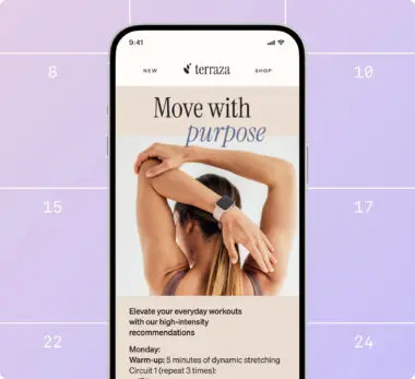 Smartphone displaying a fitness app by "terraza" with a woman stretching and text: "Move with purpose.