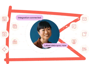 Smiling person with icons around them, labelled "Integration connected" and "Latest data sync: now".