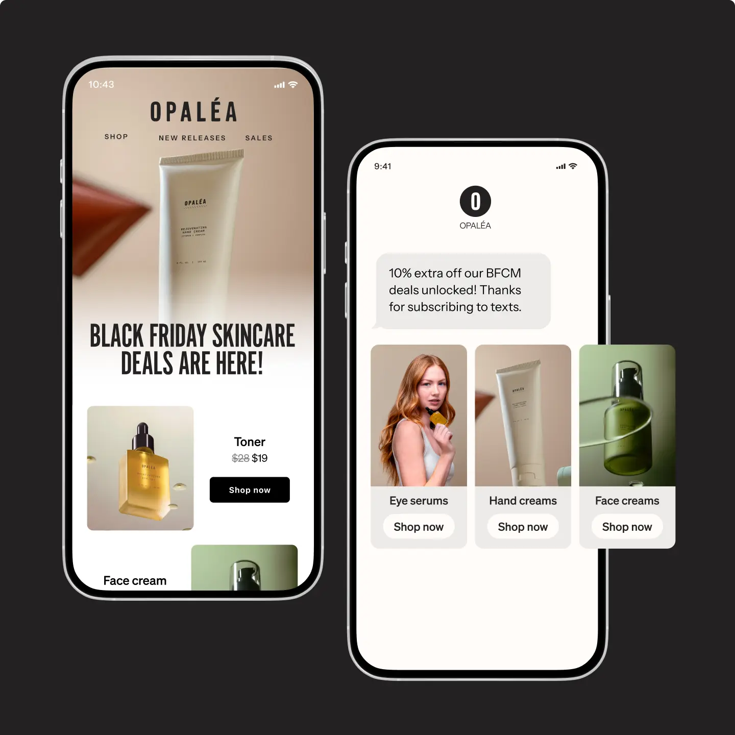Two smartphones display Opaléa skincare Black Friday deals, featuring products like toner, eye serums, hand creams, and face creams.