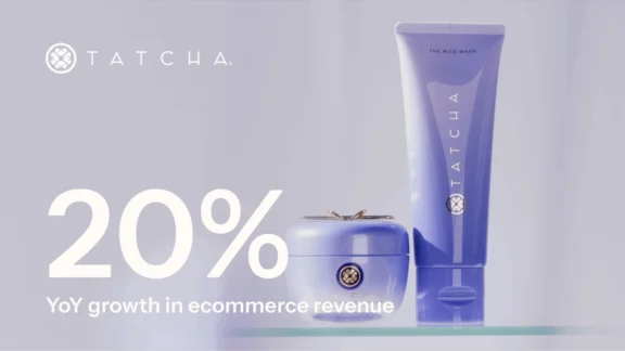 Tatcha skincare products with text: "20% YoY growth in ecommerce revenue.