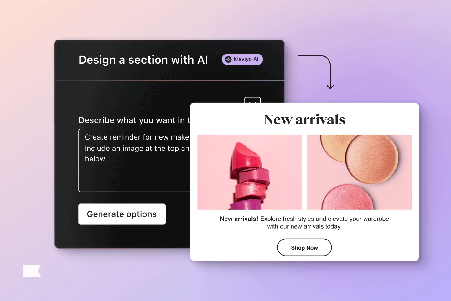 AI tool interface for designing a marketing section, featuring a "New arrivals" ad with lipstick and makeup images.