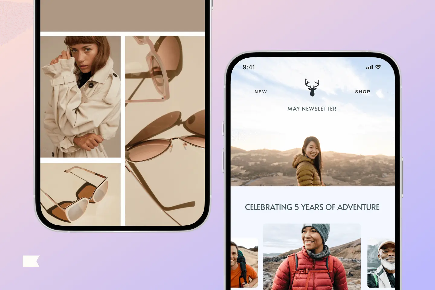 Two smartphone screens displaying email marketing content. Left screen shows a fashion collage with sunglasses and a model. Right screen shows a newsletter with outdoor adventure theme.