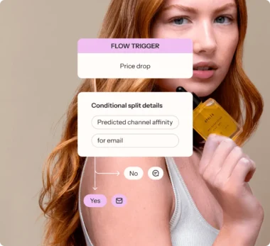 Woman holding a skincare product with overlay text showing a flow trigger for a price drop and conditional split details for email.