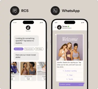 Two smartphones display messaging apps. The left shows RCS with shopping options; the right shows WhatsApp with a welcome message.