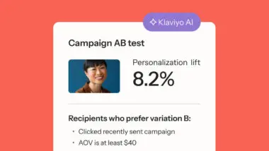 Klaviyo AI campaign AB test showing a personalization lift of 8.2%. Recipients prefer variation B if they clicked a recent campaign and AOV is at least $40.