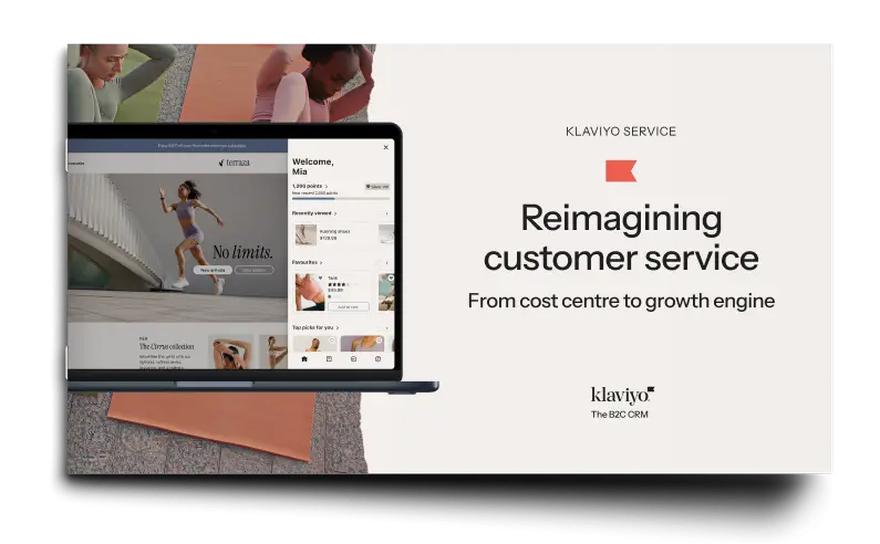 Laptop displaying a customer service interface next to text: "Reimagining customer service: From cost centre to growth engine." Klaviyo logo present.