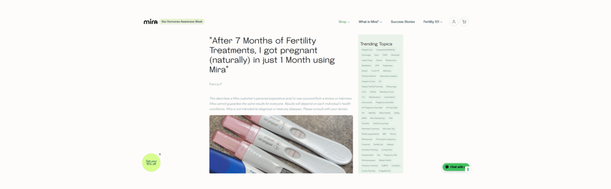 Website screenshot featuring a testimonial about Mira's fertility product success, with pregnancy tests shown below.