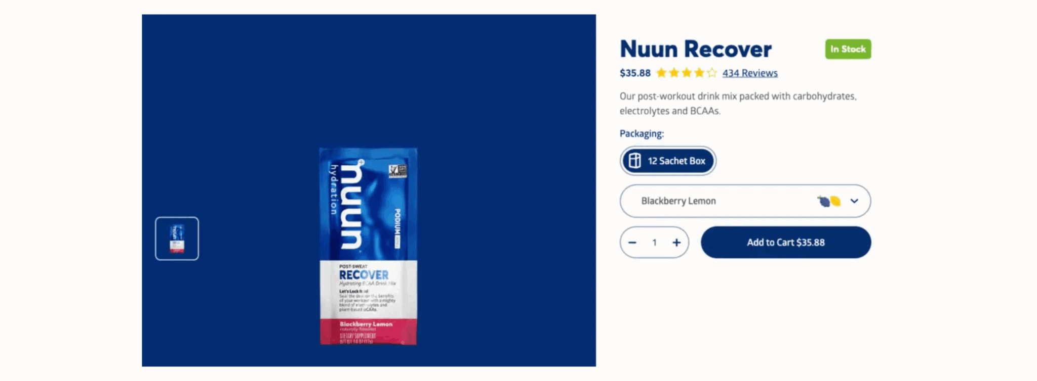 Nuun Recover drink mix sachet, Blackberry Lemon flavour, priced at $35.88. Options to add to cart and select quantity.