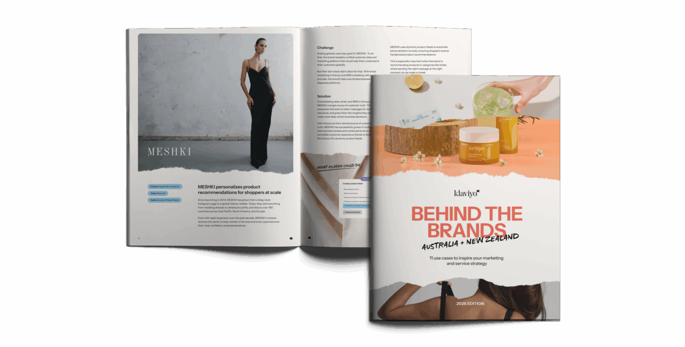 Magazine spread featuring a model in a black dress and a cover titled "Behind the Brands: Australia + New Zealand 2026 Edition" by Klaviyo.