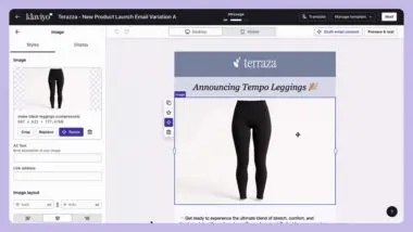 Email editor showing a product launch for "Tempo Leggings" by Terrazza, featuring black leggings.