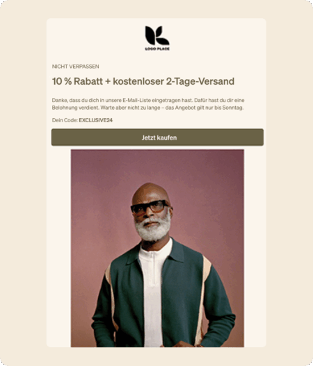 Werbung mit 10 % Rabatt und kostenlosem 2-Tage-Versand. Bild eines Mannes mit Brille und Bart. Rabattcode: EXCLUSIVE24.