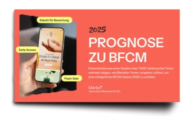 Smartphone mit Black Friday Rabattangebot, daneben Text: "2025 Prognose zu BFCM". Klaviyo-Logo unten rechts.
