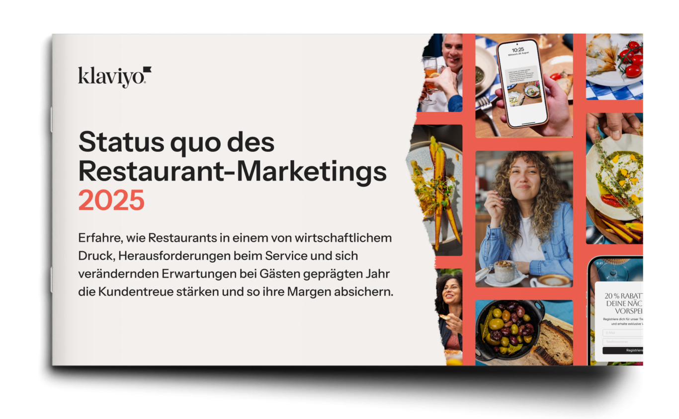 Klaviyo-Banner mit dem Titel "Status quo des Restaurant-Marketings 2025" und Bildern von Speisen, Getränken und einer lächelnden Frau.