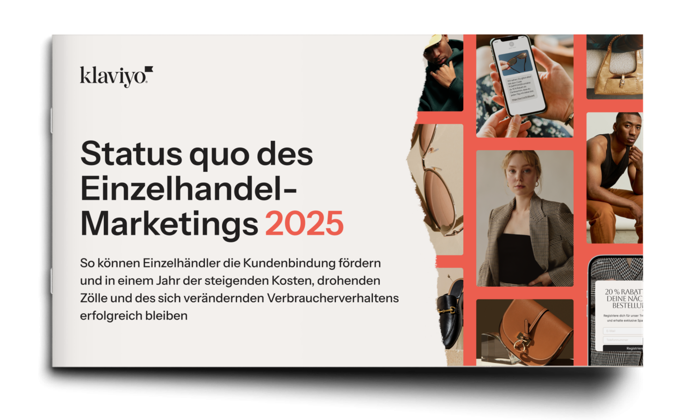 Klaviyo-Logo und Text: "Status quo des Einzelhandel-Marketings 2025". Bilder von Modeartikeln und Personen.