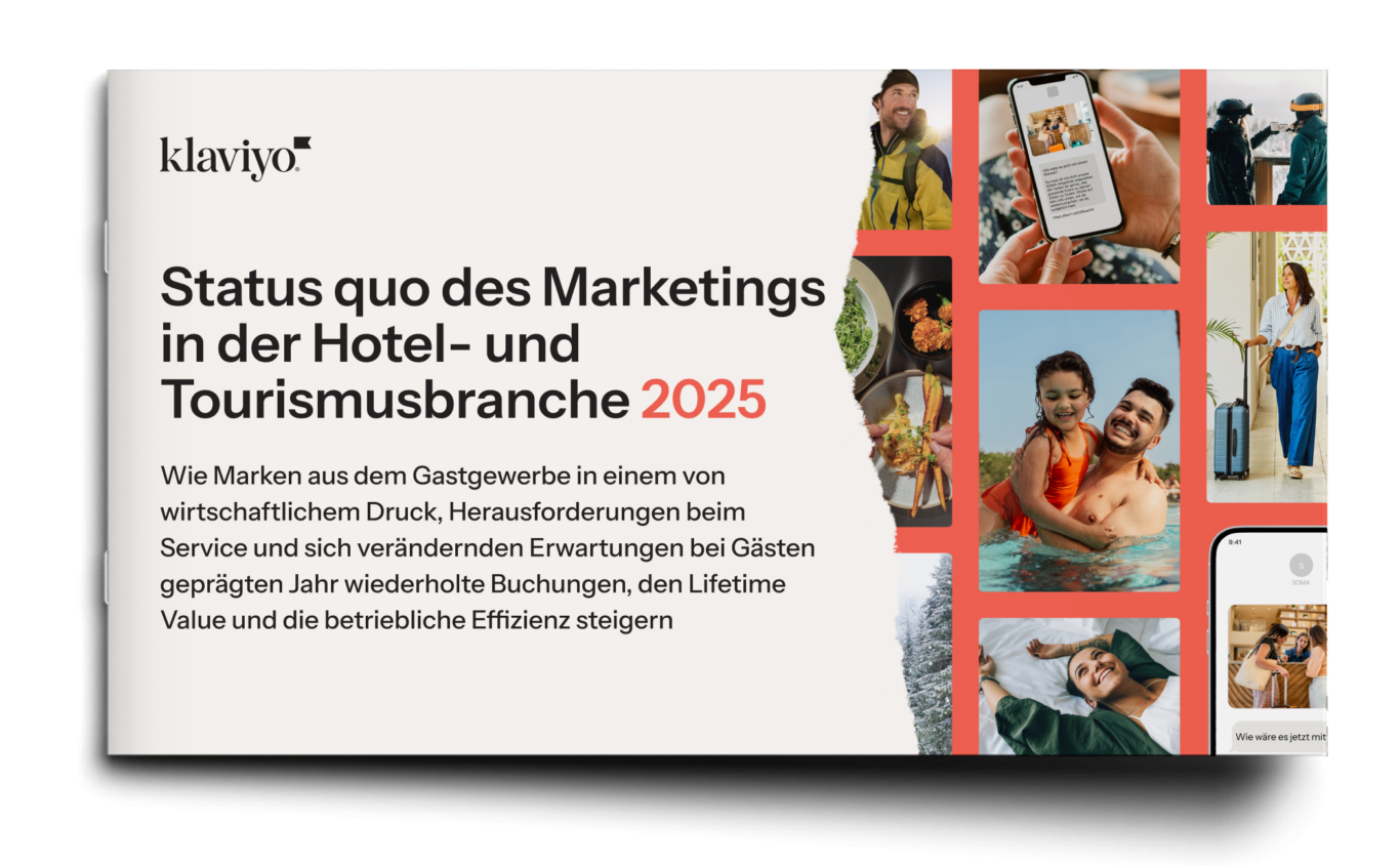 Klaviyo-Bericht über den Status quo des Marketings in der Hotel- und Tourismusbranche 2025, mit Bildern von Reisen und Freizeit.