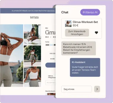 Online-Shop-Seite für ein Cirrus-Workout-Set mit Chat-Fenster, das eine Frage zu Rabattkombinationen zeigt.