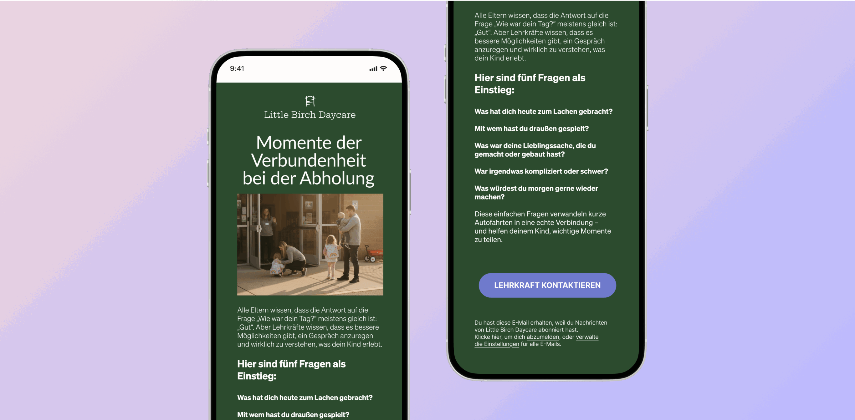 Zwei Smartphones zeigen eine Webseite von "Little Birch Daycare" mit Tipps für Eltern, um Gespräche mit Kindern zu beginnen.