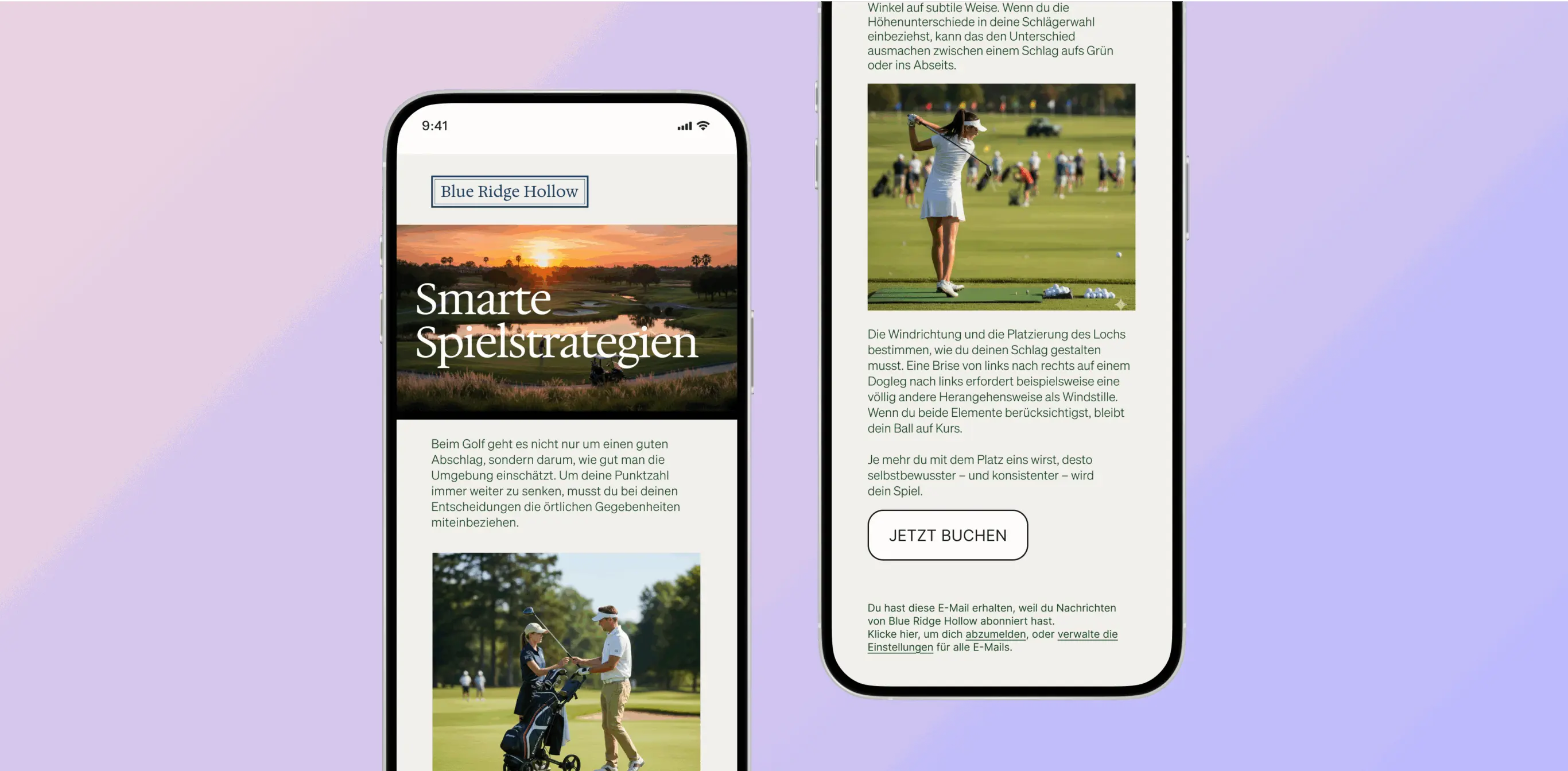 Zwei Smartphones zeigen eine Golf-Website mit dem Titel "Smarte Spielstrategien" und Bildern von Golfspielern.