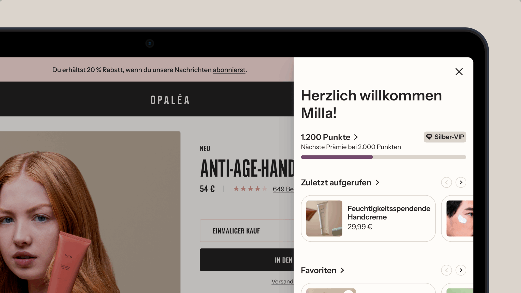 Online-Shopping-Oberfläche für Opaléa, die ein Treueprogramm-Dashboard mit 1.200 Punkten und Produktempfehlungen zeigt.