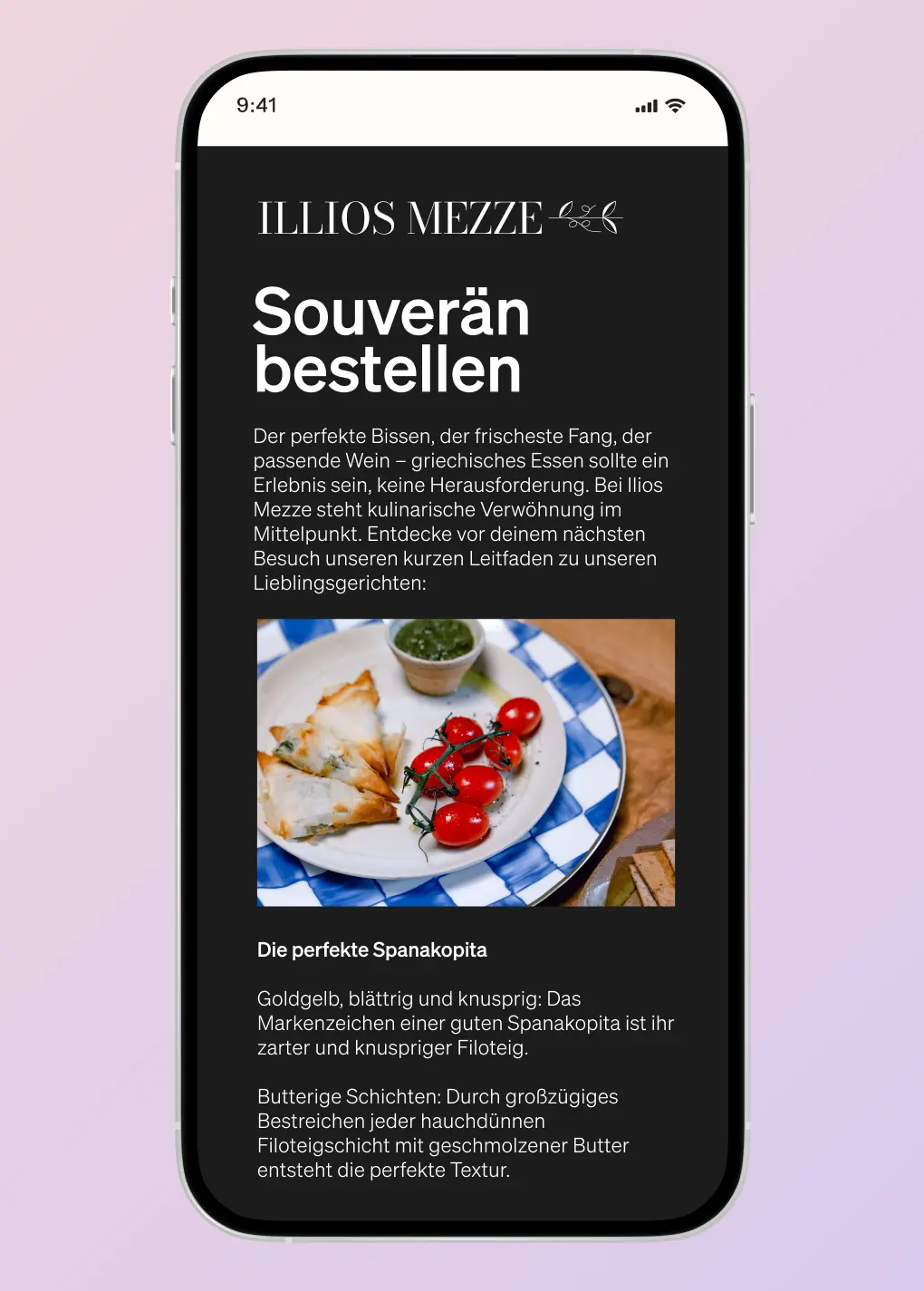 Smartphone-Bildschirm mit Text über griechisches Essen, Titel "Souverän bestellen", und Bild von Spanakopita mit Tomaten.