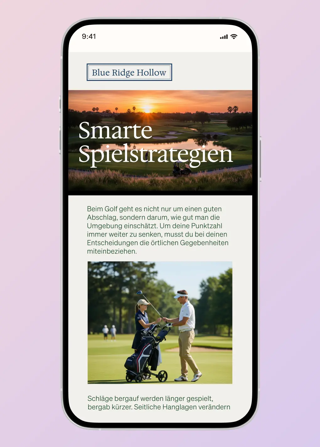 Smartphone-Bildschirm zeigt eine Golf-App mit dem Titel "Smarte Spielstrategien" und einem Bild von zwei Golfspielern.