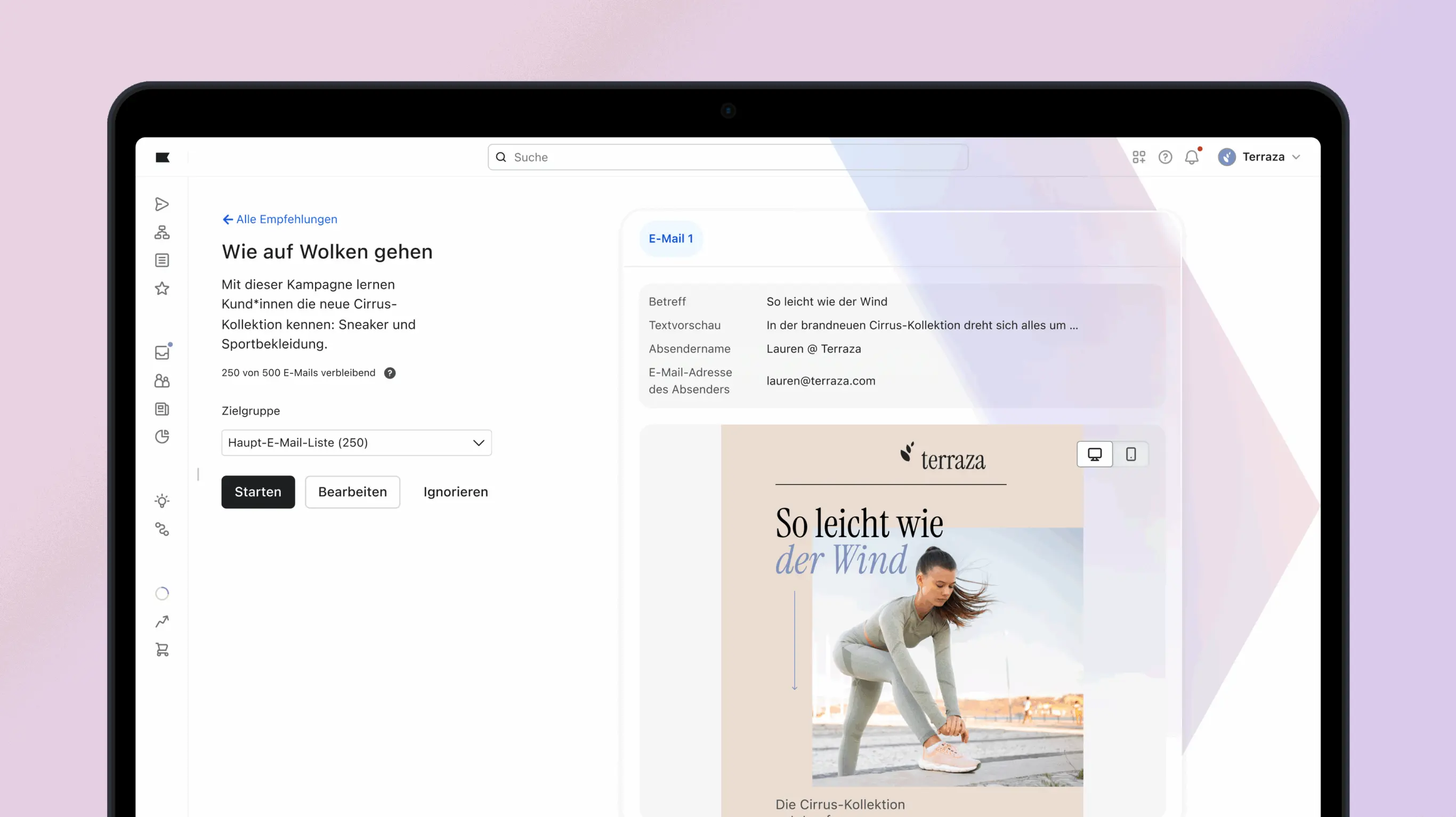 Laptopbildschirm mit einer Marketingplattform. Eine E-Mail-Kampagne für die Cirrus-Kollektion wird angezeigt.