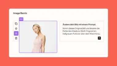Eine Frau in einem rosa Kleid, daneben Textanweisungen zur Bildbearbeitung.
