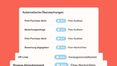 Automatische Überwachungen mit aktiven Flow-Auslösern und Nachrichten, darunter Post-Purchase-Serien und Bewertungseinträge.
