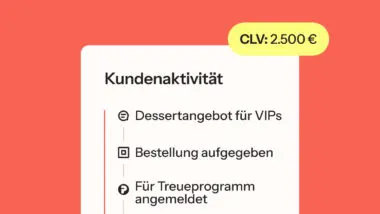 Kundenaktivität mit CLV von 2.500 €. Aktivitäten: Dessertangebot für VIPs, Bestellung aufgegeben, für Treueprogramm angemeldet.