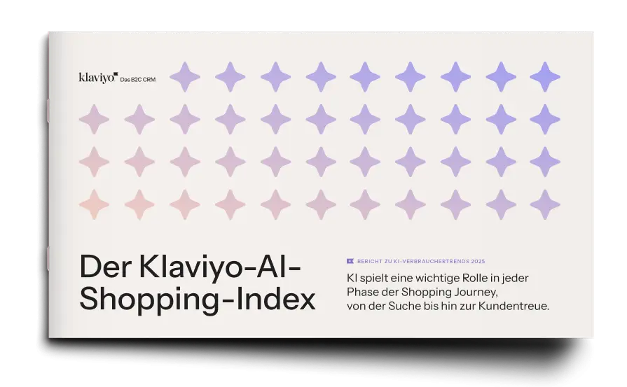 Der Klaviyo-AI-Shopping-Index-Bericht mit Muster aus farbigen Sternen und Text über die Rolle von KI im Einkaufsprozess.