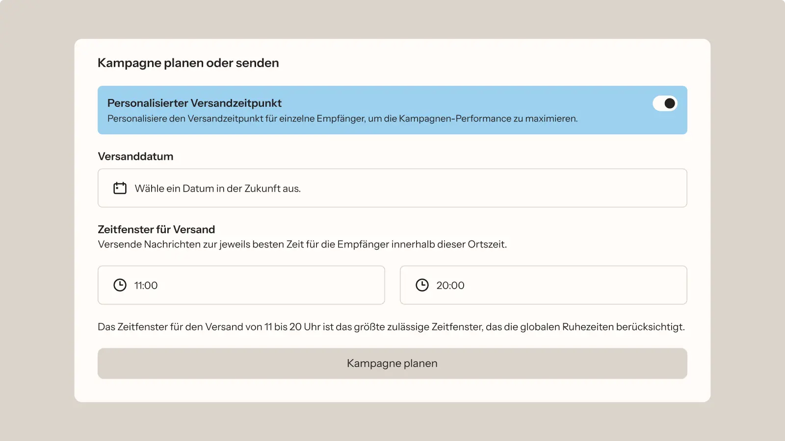 Benutzeroberfläche zur Planung von Kampagnen mit Optionen für personalisierte Versandzeitpunkte, Versanddatum und Zeitfenster.