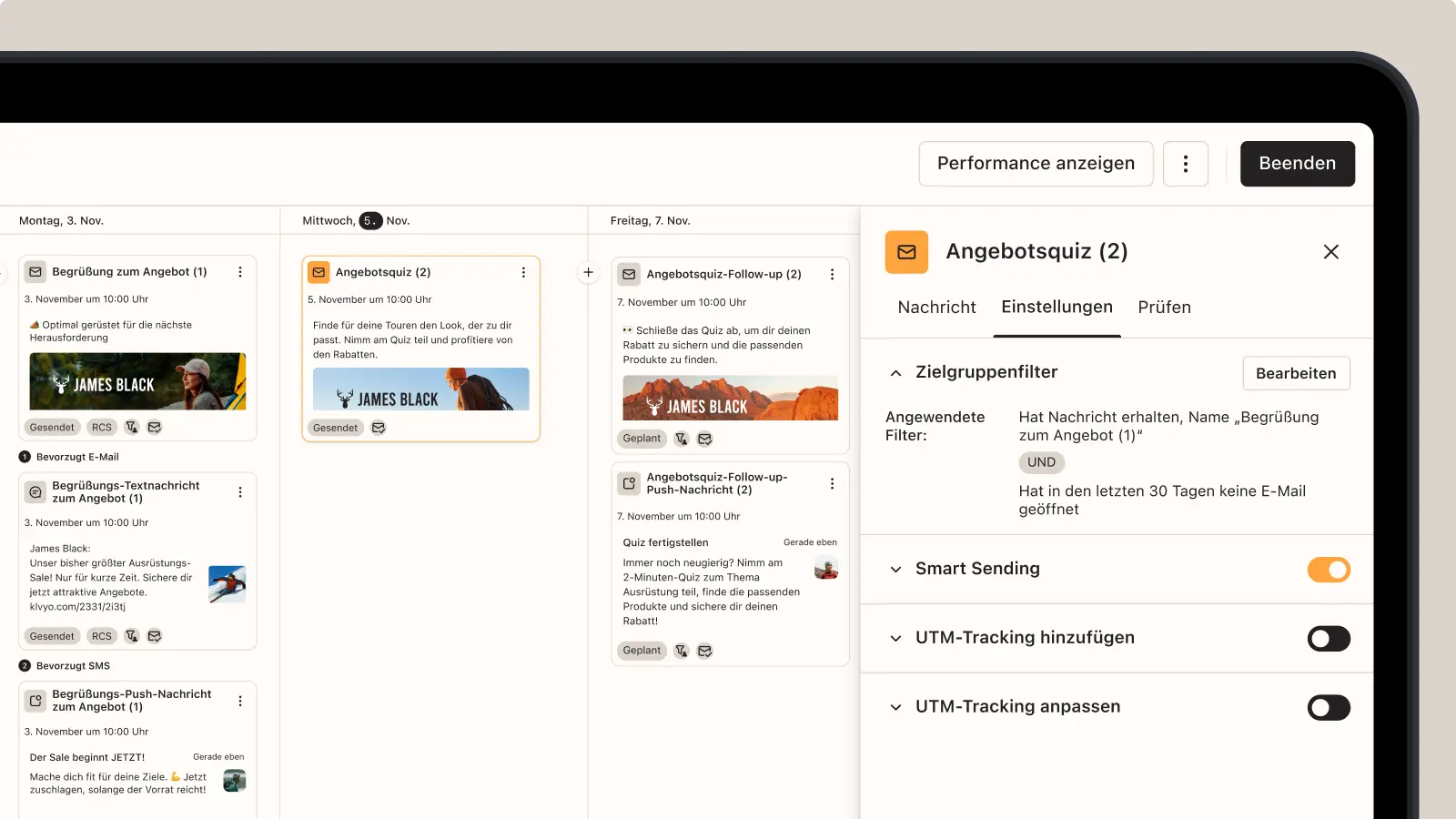 Kalenderansicht einer Marketingplattform mit E-Mail- und SMS-Kampagnen für "James Black" vom 3. bis 7. November.