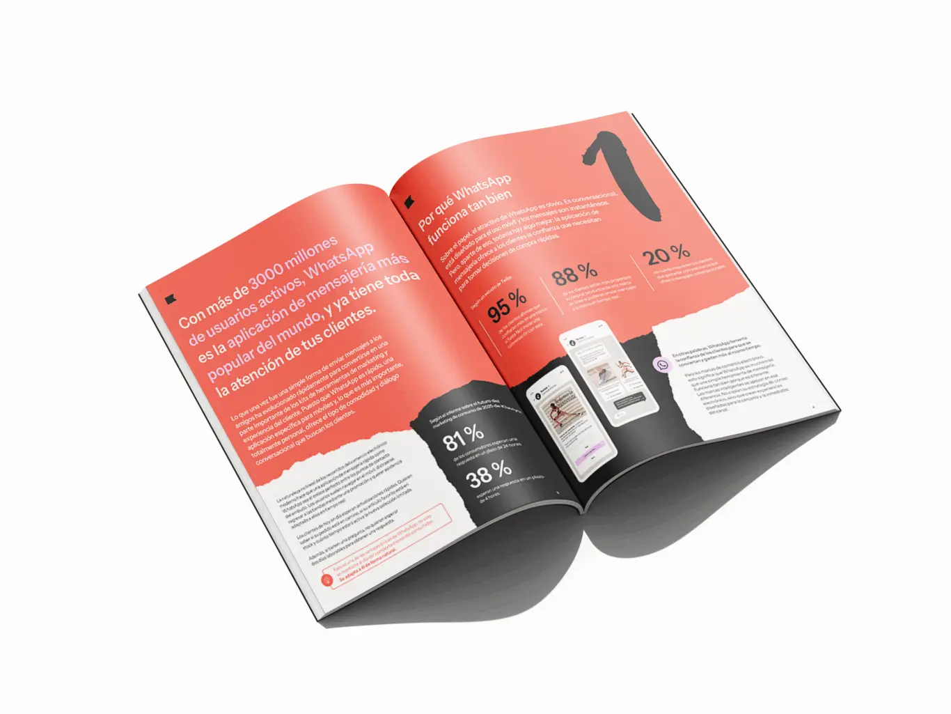Folleto abierto de WhatsApp con estadísticas de uso y capturas de pantalla de la aplicación. Texto en español sobre usuarios activos.