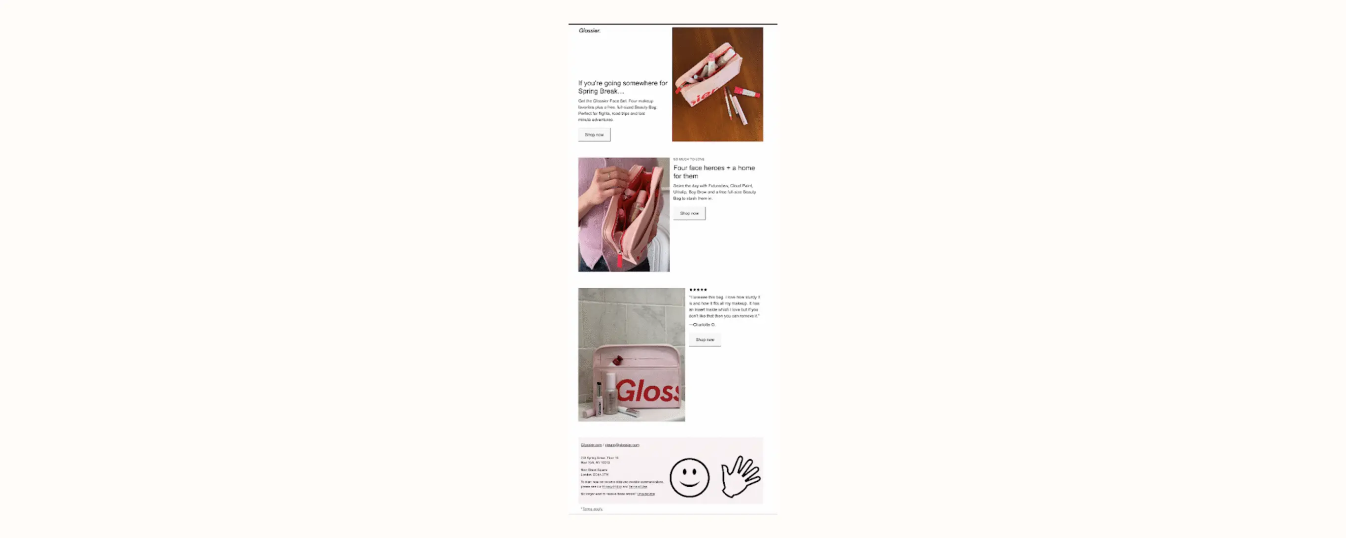 En la imagen se muestra un correo electrónico promocional de Glossier —una marca de productos de belleza— en el que se promociona un set de maquillaje que viene con un neceser gratis. El correo electrónico también incluye una reseña de 5 estrellas del neceser gratuito en la que se destacan sus funciones y valor. Se usa una llamada a la acción en 3 lugares para que los clientes puedan ir al set de maquillaje en cualquier momento mientras se desplazan.