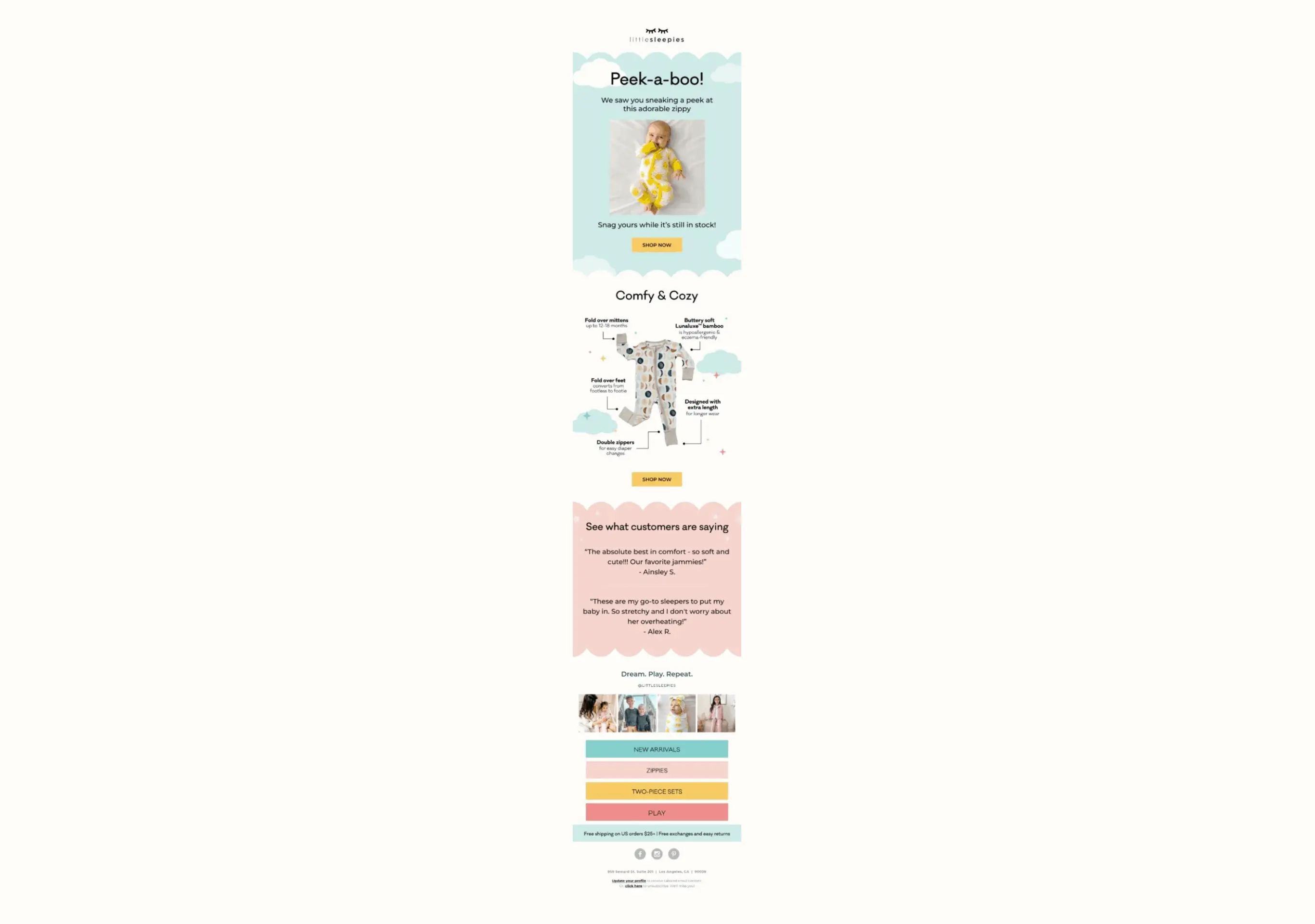 Promoción de Little Sleepies con imágenes de ropa para bebé, testimonios de clientes y botones de compra.