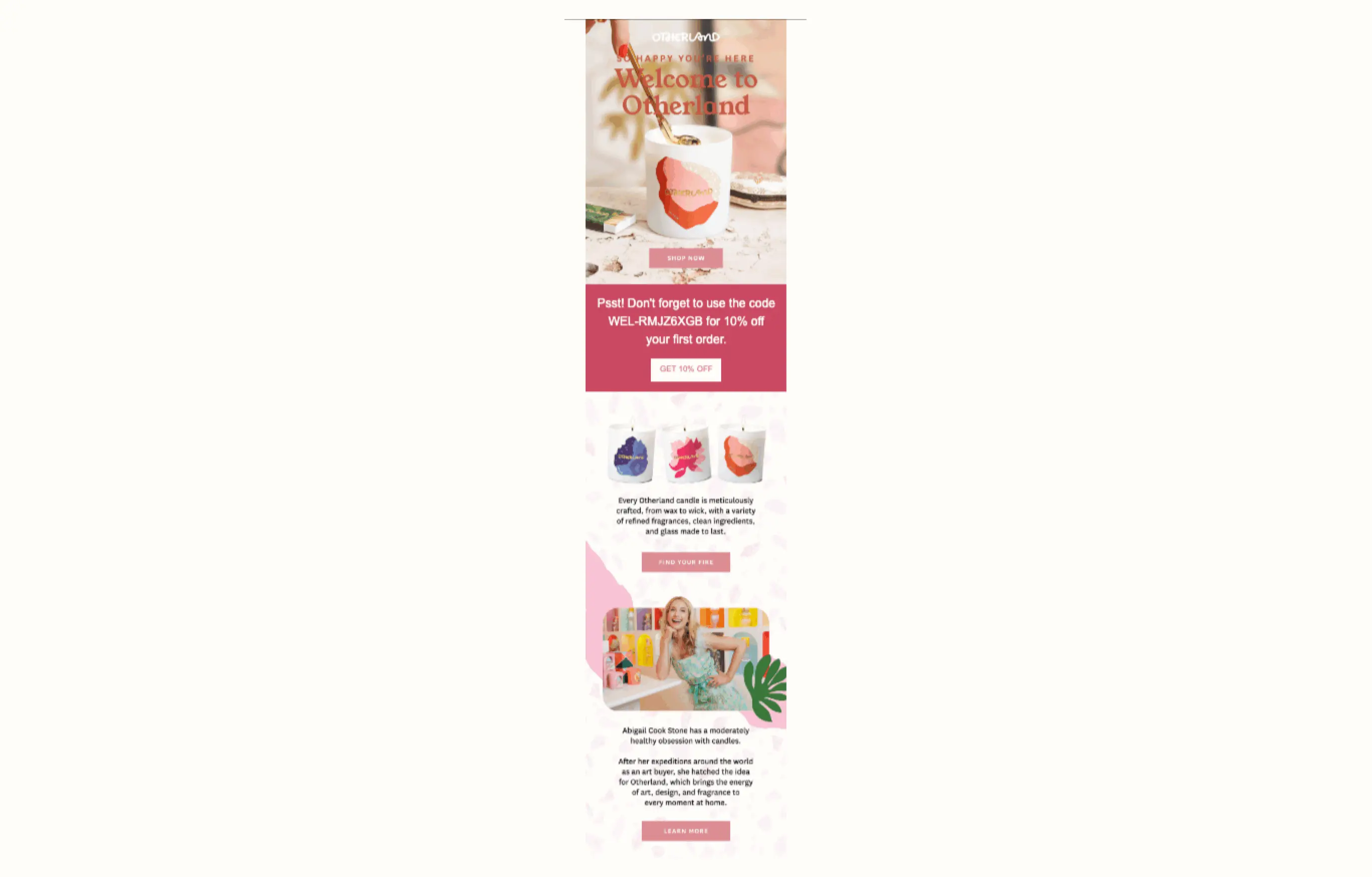 Correo de bienvenida de Otherland con imágenes de velas, código de descuento del 10% y descripción de la marca.