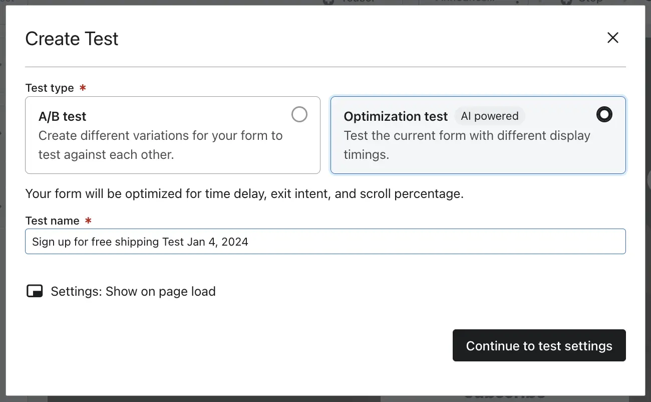 Formulario de creación de prueba con opciones para "A/B test" y "Optimization test". Nombre de prueba: "Sign up for free shipping Test Jan 4, 2024". Botón: "Continue to test settings".