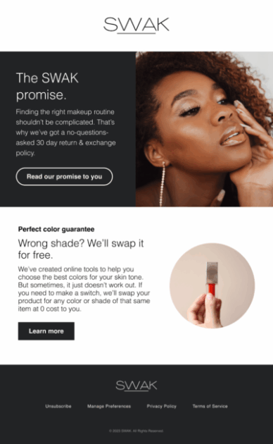 Promoción de SWAK con una mujer aplicando maquillaje, texto sobre política de devolución y garantía de color, y botón "Learn more".