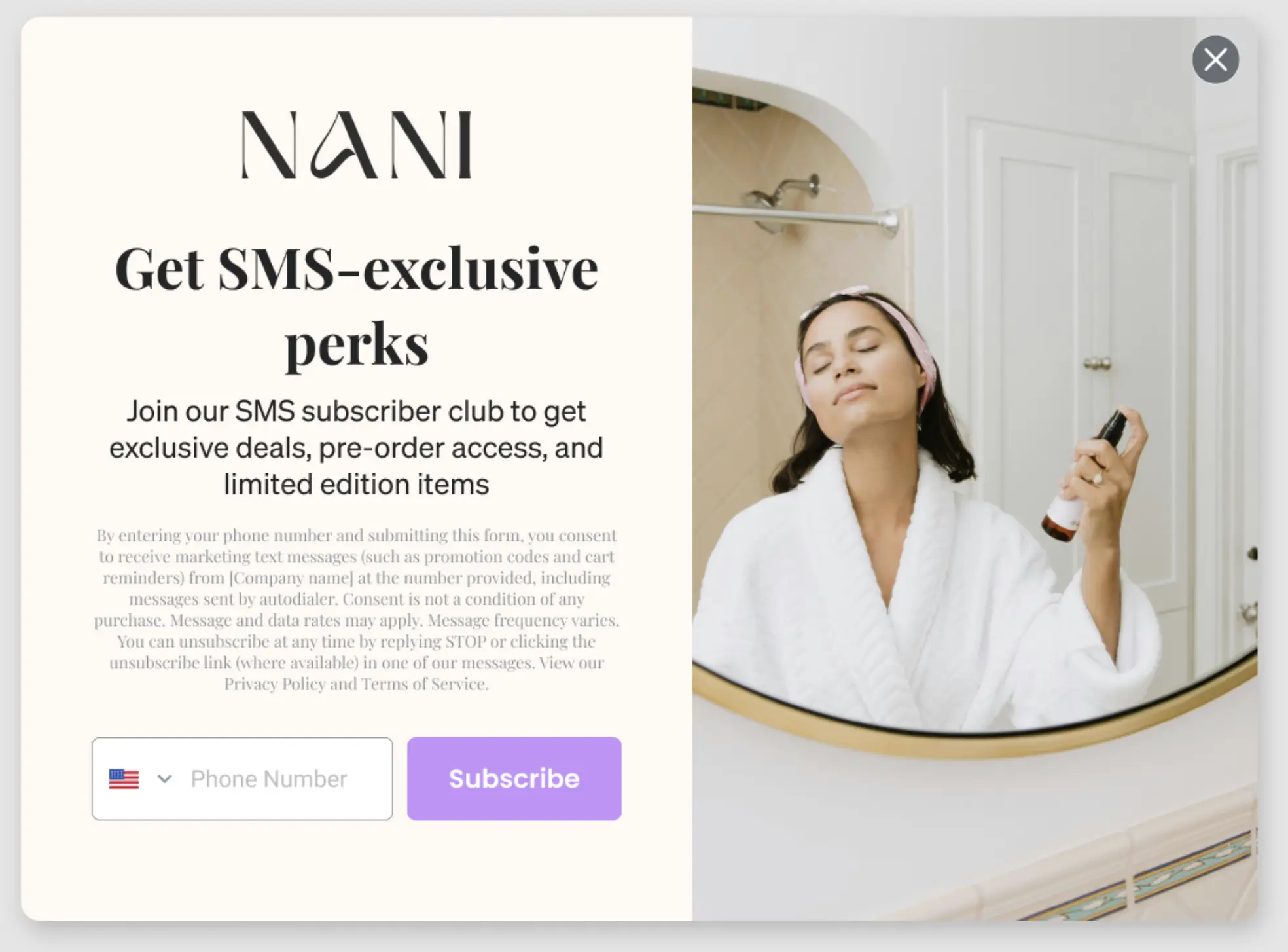 Promoción de marketing por SMS de NANI con beneficios exclusivos. Persona en bata aplicando spray facial. Formulario para suscribirse.