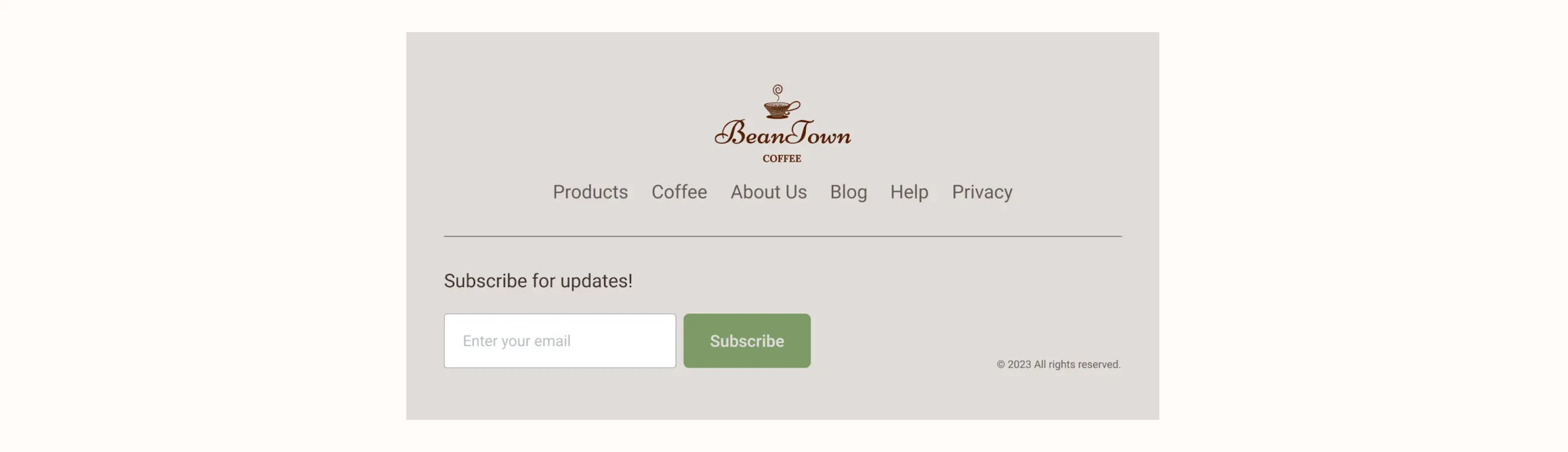 Formulario de suscripción de Beantown Coffee con campos para ingresar correo electrónico y botón de "Subscribe". Enlaces de navegación arriba.