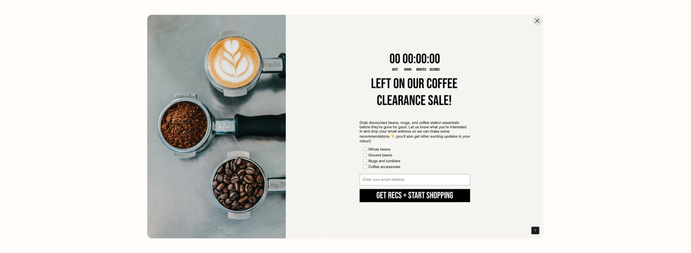 Portafiltros con café y latte art a la izquierda; a la derecha, texto sobre una venta de liquidación de café con un temporizador.